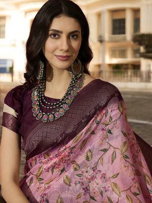 Women's onion poly silk blend saree with unstitched blouse piece 2