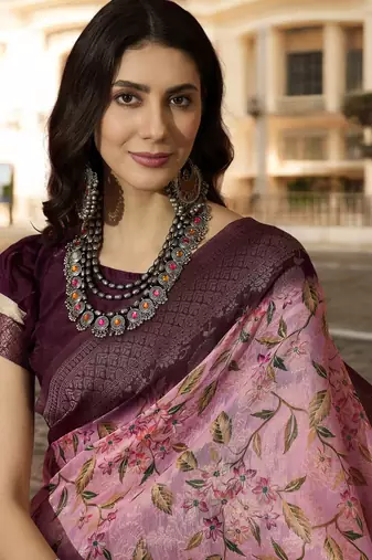 Women's onion poly silk blend saree with unstitched blouse piece