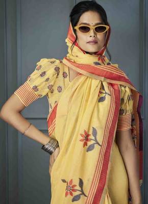 yellow linen woven saree with unstitched blouse piece 2