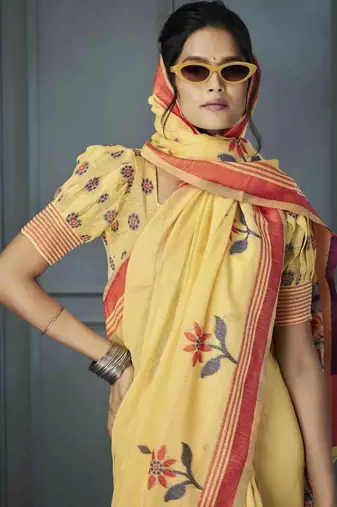yellow linen woven saree with unstitched blouse piece