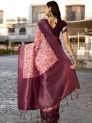 Women's onion poly silk blend saree with unstitched blouse piece 3
