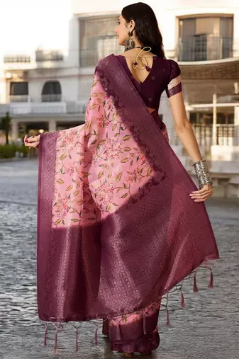Women's onion poly silk blend saree with unstitched blouse piece