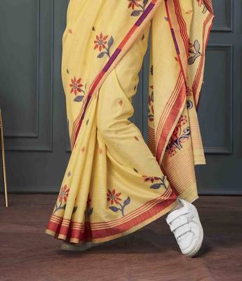 yellow linen woven saree with unstitched blouse piece 3
