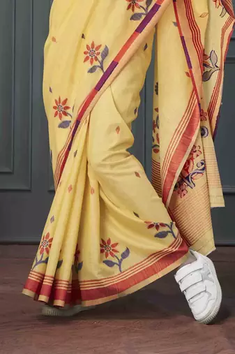 yellow linen woven saree with unstitched blouse piece