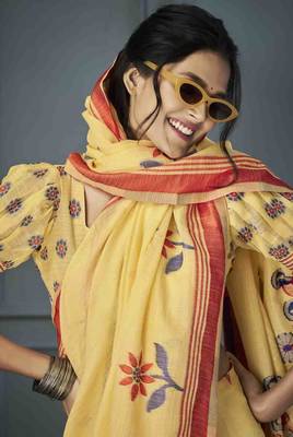 yellow linen woven saree with unstitched blouse piece 4