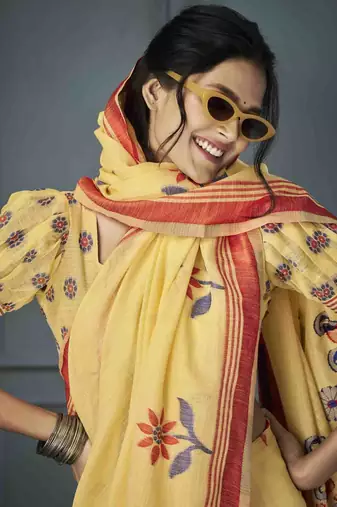 yellow linen woven saree with unstitched blouse piece