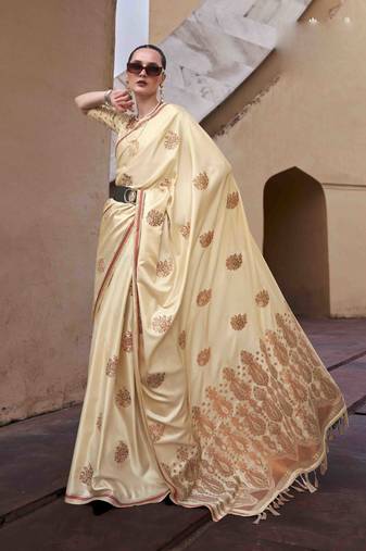 cream satin zari saree with unstitched blouse piece
