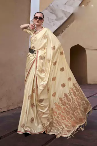 cream satin zari saree with unstitched blouse piece