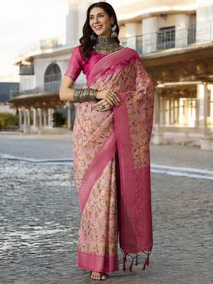 Women's pink poly silk saree with unstitched blouse piece 1