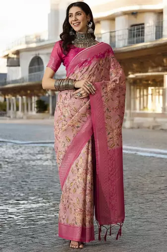 Women's pink poly silk saree with unstitched blouse piece