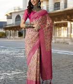 Women's pink poly silk saree with unstitched blouse piece