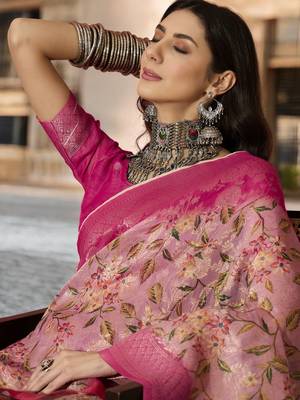 Women's pink poly silk saree with unstitched blouse piece 2