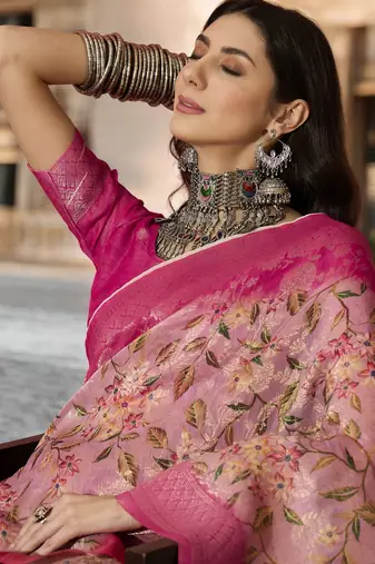 Women's pink poly silk saree with unstitched blouse piece