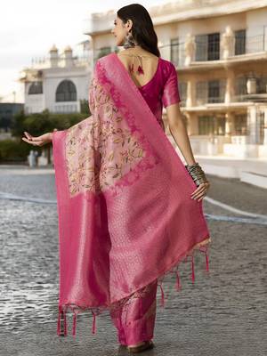 Women's pink poly silk saree with unstitched blouse piece 3