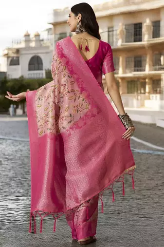 Women's pink poly silk saree with unstitched blouse piece