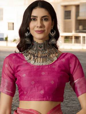 Women's pink poly silk saree with unstitched blouse piece 4