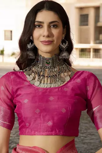 Women's pink poly silk saree with unstitched blouse piece