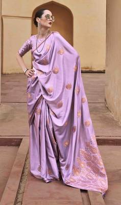 lavender satin zari saree with unstitched blouse piece 1