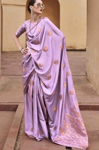 lavender satin zari saree with unstitched blouse piece