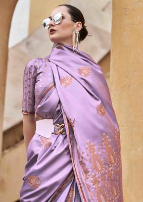 lavender satin zari saree with unstitched blouse piece 2