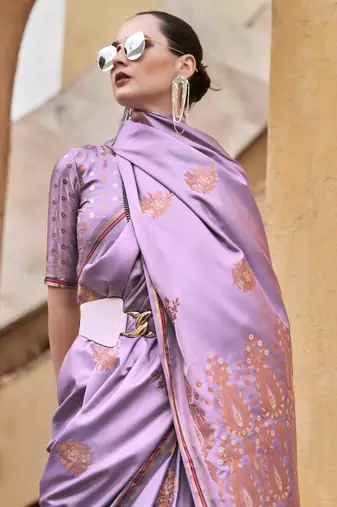 lavender satin zari saree with unstitched blouse piece