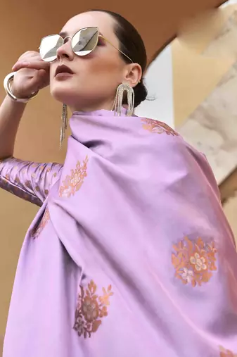 lavender satin zari saree with unstitched blouse piece