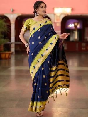 navy poly silk blend saree with unstitched blouse piece 1