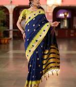 navy poly silk saree with unstitched blouse piece