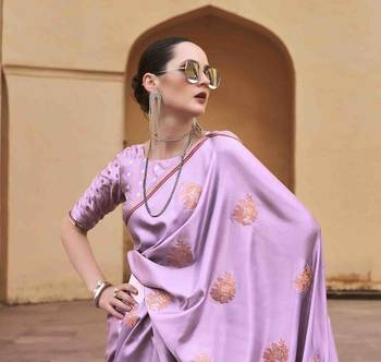 lavender satin zari saree with unstitched blouse piece 4