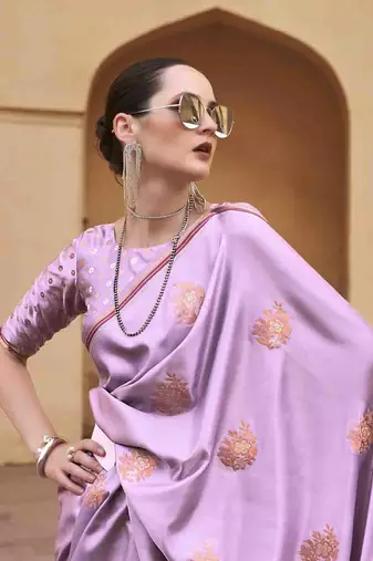 lavender satin zari saree with unstitched blouse piece
