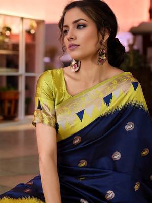 navy poly silk blend saree with unstitched blouse piece 2
