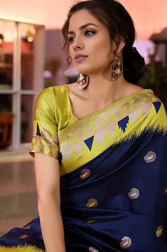 navy poly silk blend saree with unstitched blouse piece