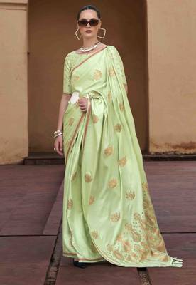 pista satin zari saree with unstitched blouse piece 1