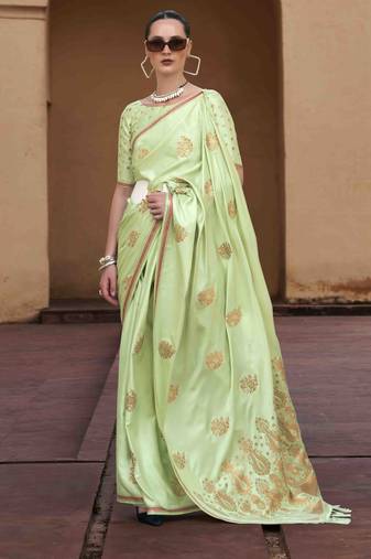 pista satin zari saree with unstitched blouse piece