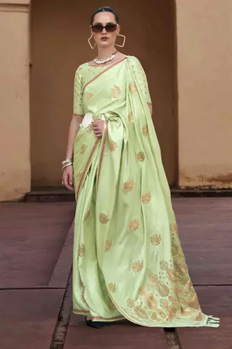 pista satin zari saree with unstitched blouse piece