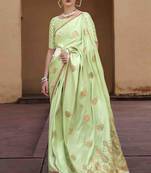 pista satin zari saree with unstitched blouse piece