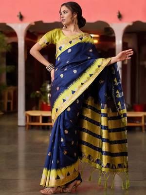 navy poly silk blend saree with unstitched blouse piece 3