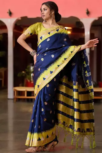 navy poly silk blend saree with unstitched blouse piece
