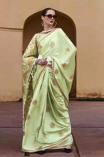 pista satin zari saree with unstitched blouse piece