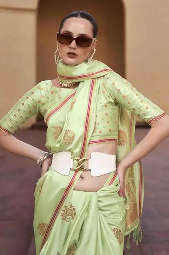 pista satin zari saree with unstitched blouse piece