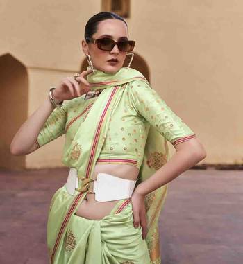 pista satin zari saree with unstitched blouse piece 4