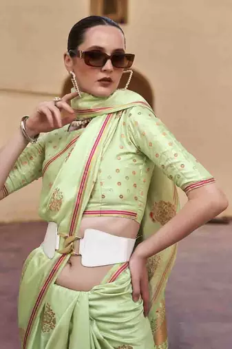pista satin zari saree with unstitched blouse piece