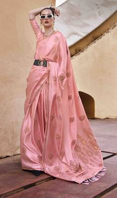 peach satin zari saree with unstitched blouse piece 1
