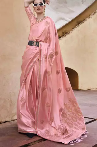 peach satin zari saree with unstitched blouse piece