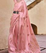 peach satin zari saree with unstitched blouse piece