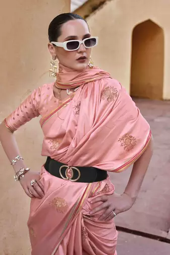 peach satin zari saree with unstitched blouse piece