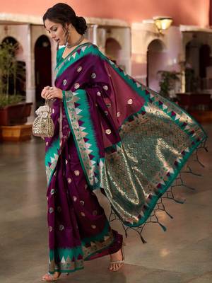 purple poly silk blend saree with unstitched blouse piece 1