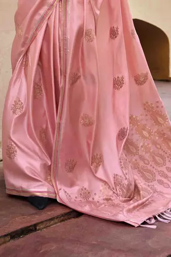 peach satin zari saree with unstitched blouse piece