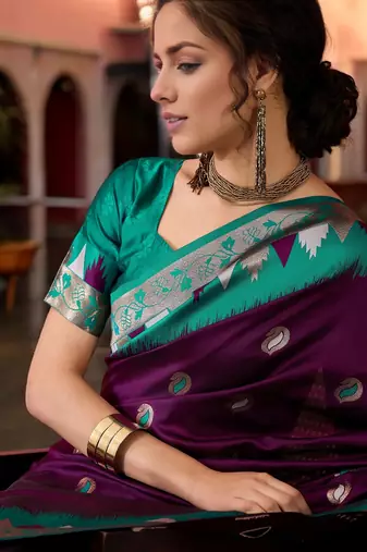 purple poly silk blend saree with unstitched blouse piece