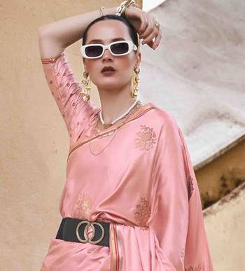peach satin zari saree with unstitched blouse piece 4